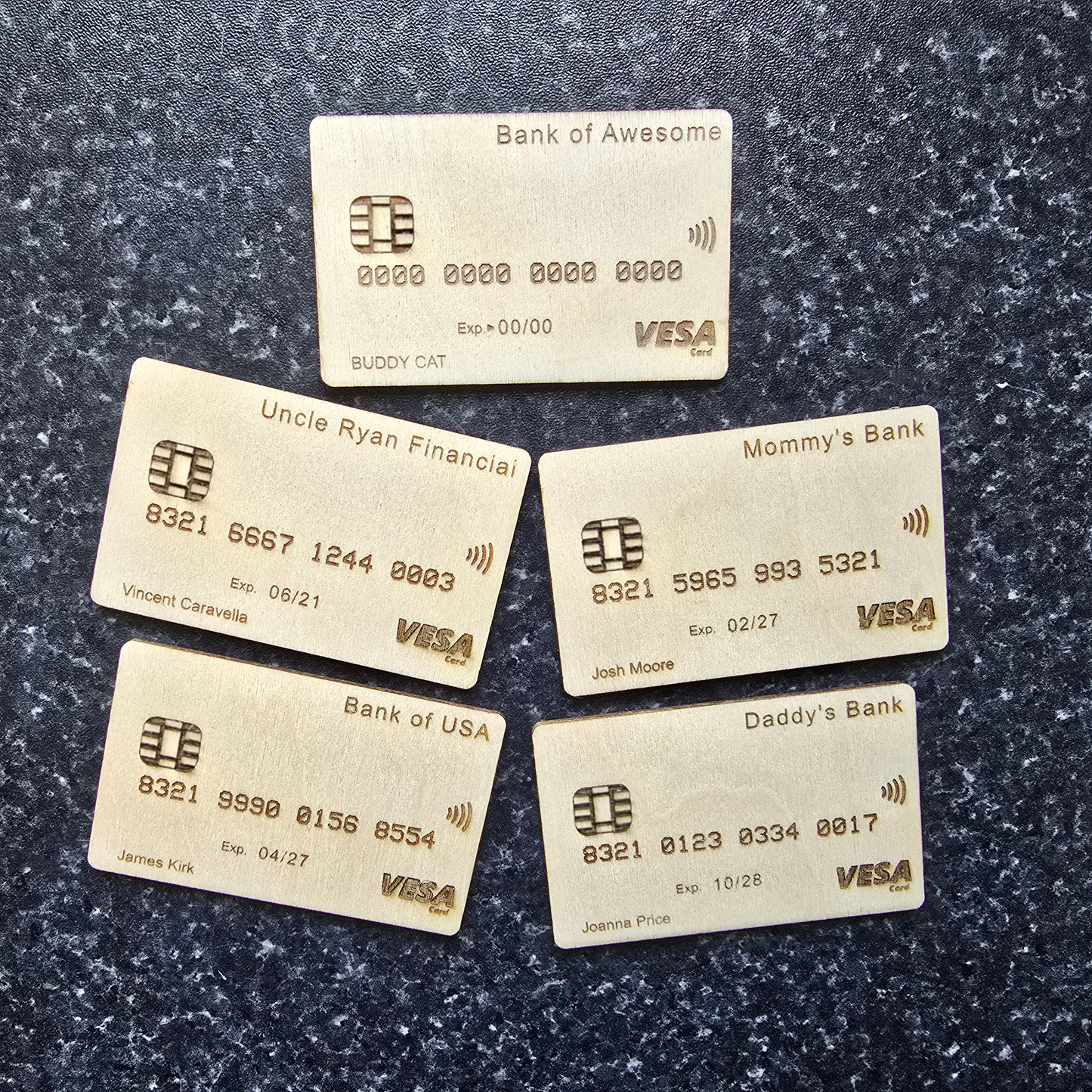 Personalized Wooden Toy Credit Card - Pick your name, number, bank name and more!