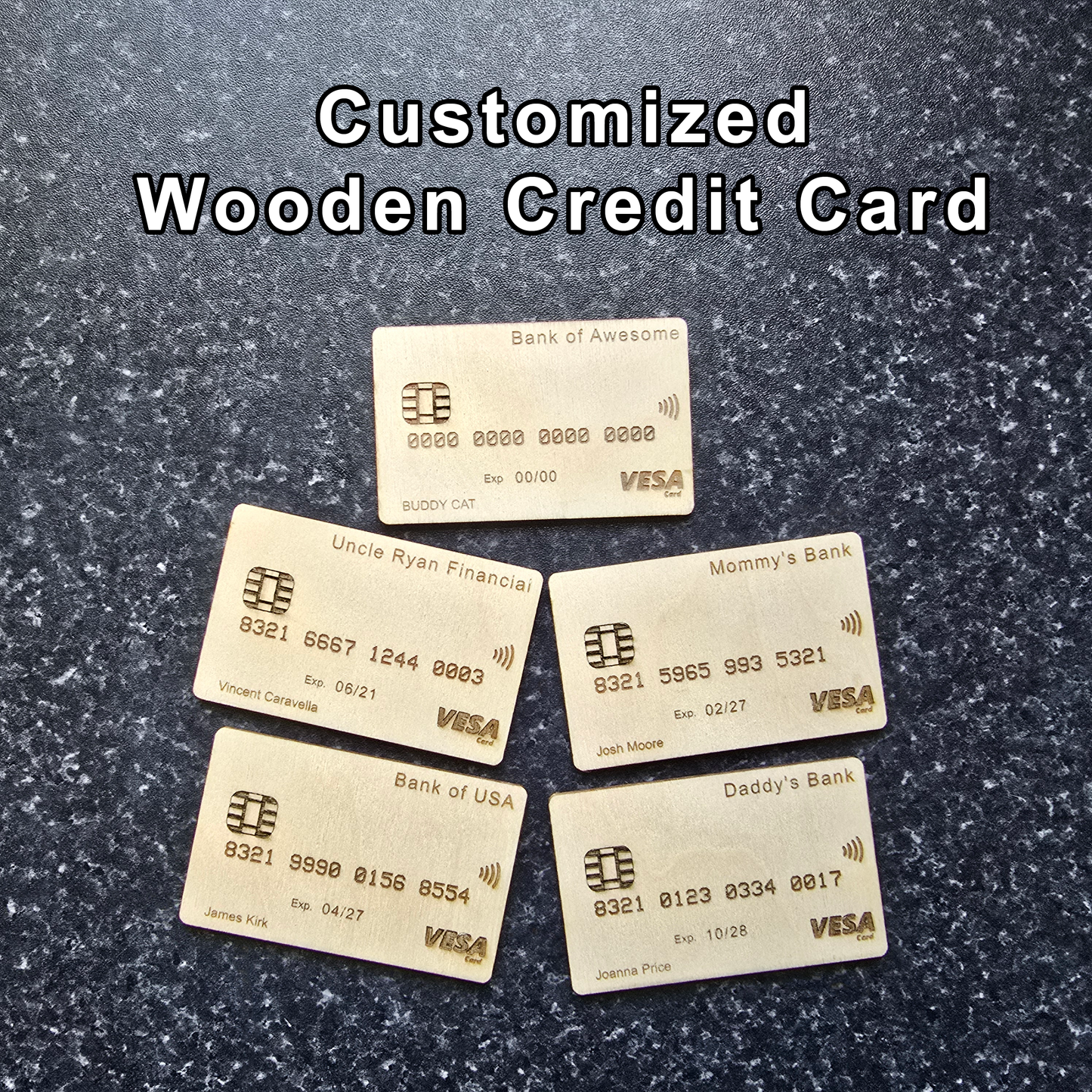 Personalized Wooden Toy Credit Card - Pick your name, number, bank name and more!