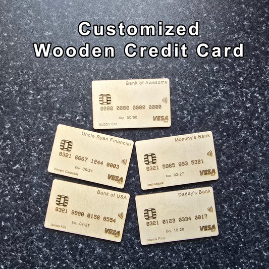 Personalized Wooden Toy Credit Card - Pick your name, number, bank name and more!